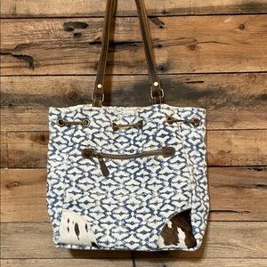 Myra Bag Navy and Cream Geometric Tote with Tan Straps